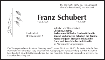 Traueranzeige von Franz Schubert von Pegnitz-Zeitung